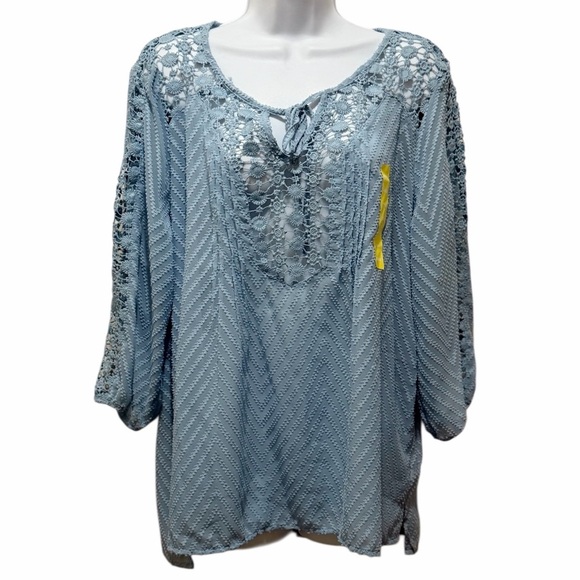Bila Tops - NWT Bohemian Crochet Sheer Lace Bila Top Light Blue Blouse Size Large